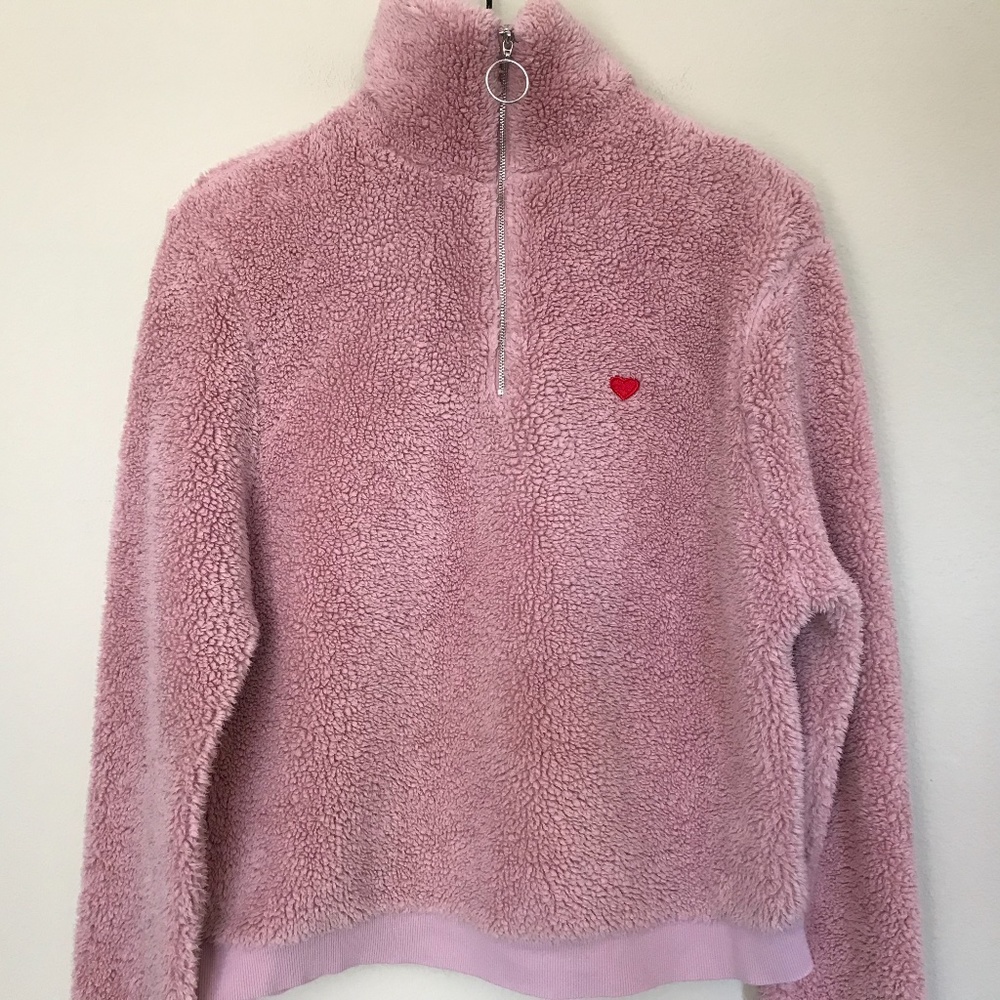 Topshop Heart Sherpa Quarter Zip Jacket - Picture 1 of 7